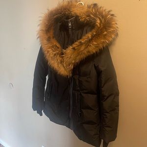 Mackage.  Black with Brown Fur Adali Down Natural Signature
Collar Coat